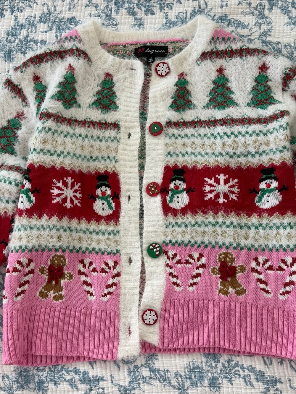 33 Degrees Pink White Red Green Holiday Cardigan Sweater
